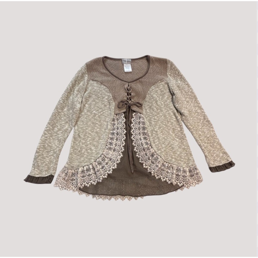 Bohemian Lace Up Women's 10 Lace Trim Sheer Panel Knit Top Romantic Layers Brown